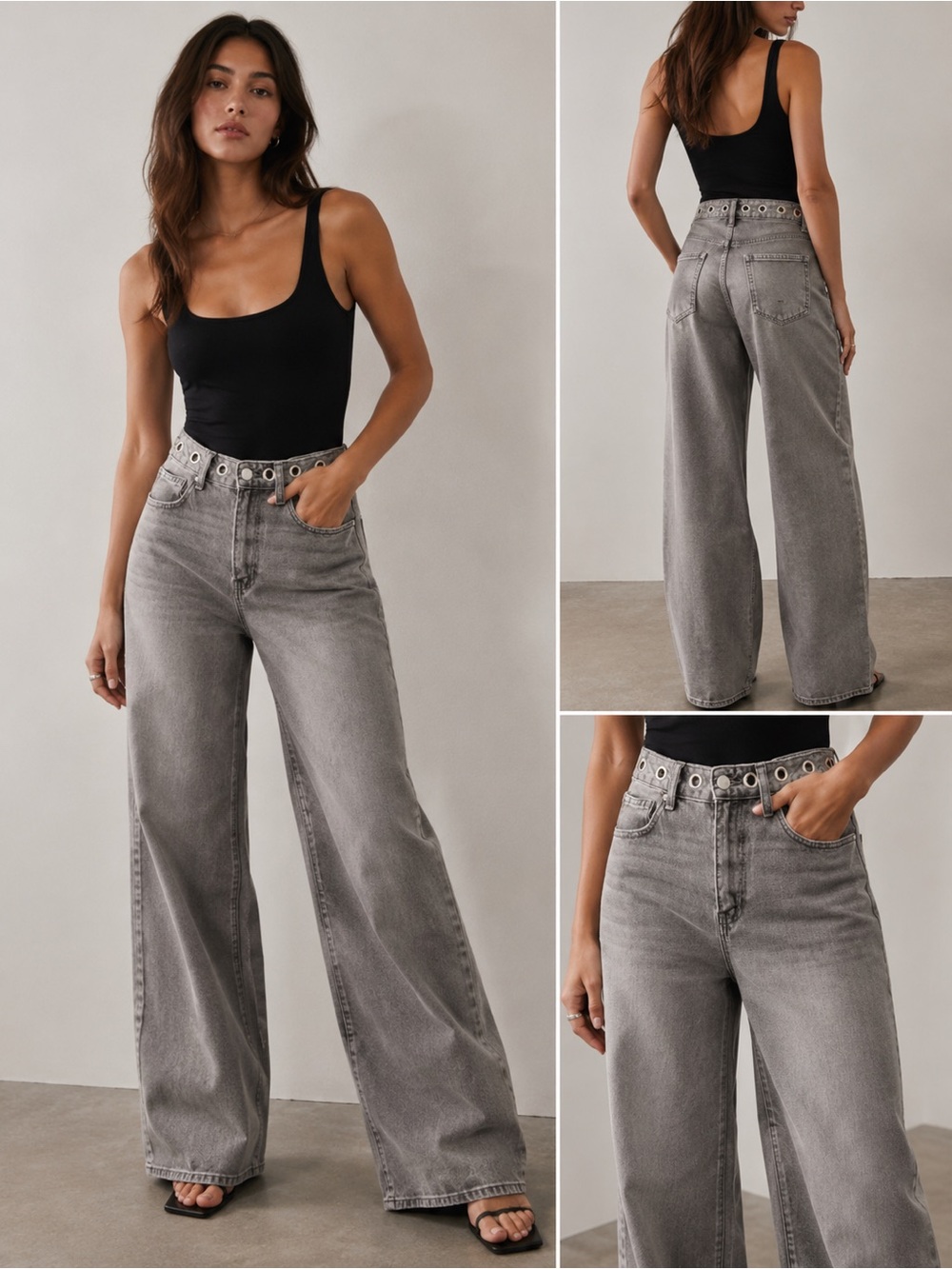 Ashley Mason Gray High-Rise Wide Leg Jeans with Eyelet Waist Y2K Baggy Edgy